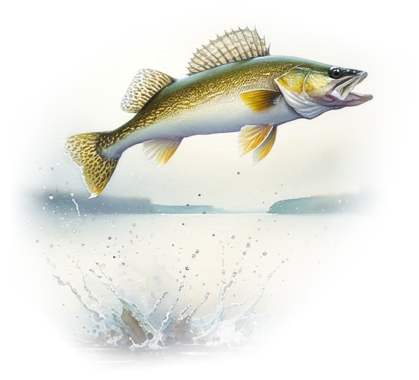 water colour image of a walleye jumping out of water